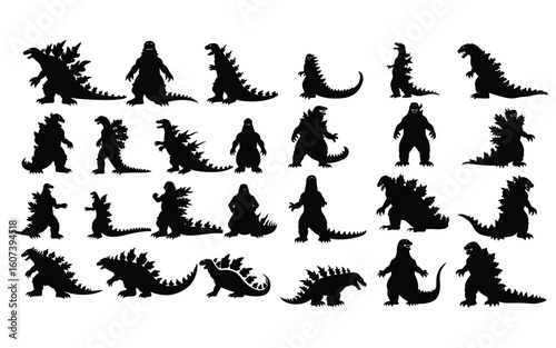 Collection of black Godzilla monster silhouettes in various poses kaiju creature