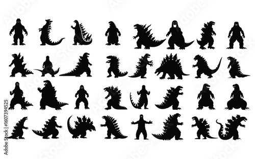 Collection of black monster silhouettes in various poses and styles white background