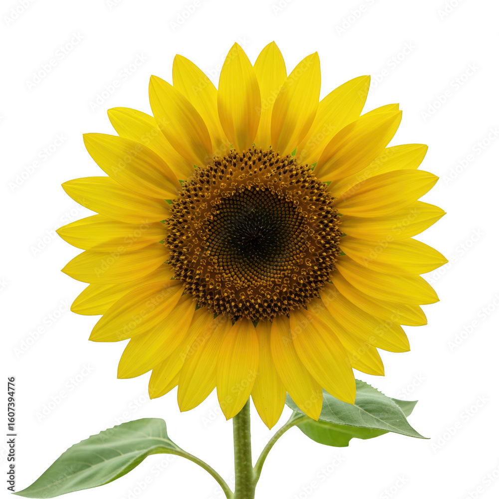 Obraz premium Close up of a vibrant sunflower with green leaves and stem isolated on transparent background