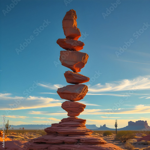 A vertical stack of seven smooth, grey and brown stones precariously balanced against a blurred ocean backdrop