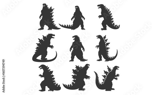 Nine dark silhouettes of Godzilla monsters in various poses black
