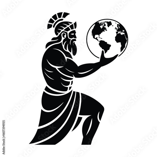Greek Atlas titan mythological figure emblem logo holding globe vector silhouette in black and white
