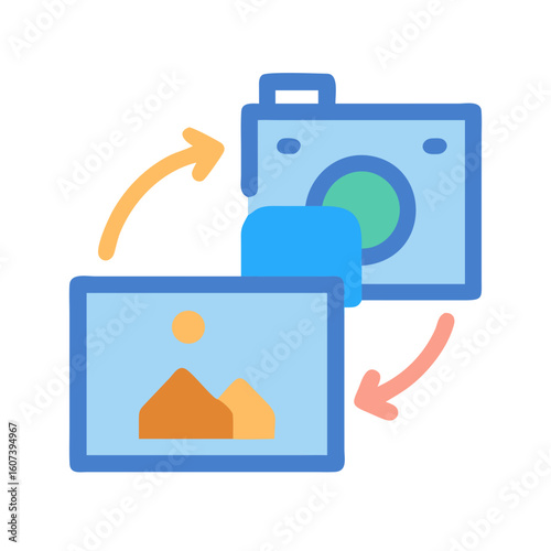 Icon depicting photo transfer from camera to image folder