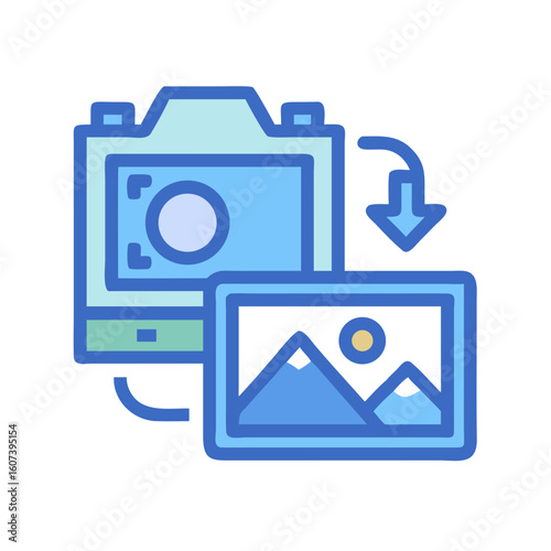 Camera and landscape image transfer, stylized digital art icon