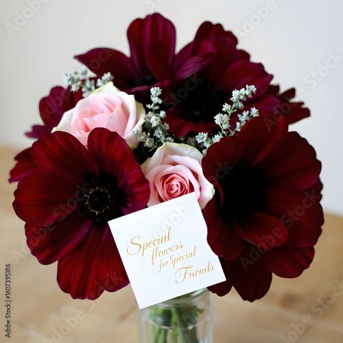 Flowers with velvety burgundy petals and a dark brown center, displayed in an elegant glass vase.