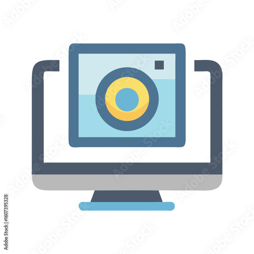 Computer Screen with Camera, Flat Design, Black Background