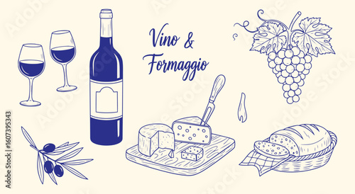 Vino & Formaggio vector illustration set. Hand drawn Italian wine and cheese elements including grapes, bread, and olives for menu, restaurant, and gourmet food design.