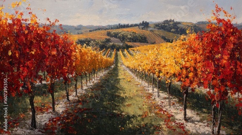 Autumn vineyard vista, vibrant reds and yellows