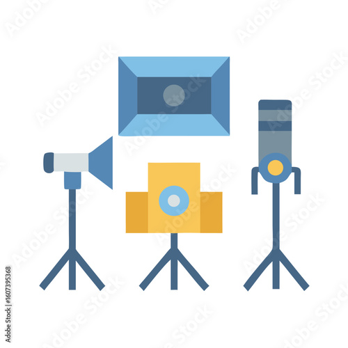 Studio lighting equipment: flat design illustration against black background