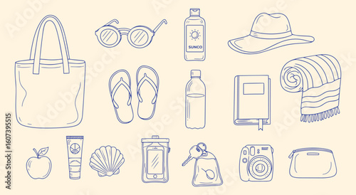 Hand drawn beach bag essentials vector illustration set. Doodle line art of summer vacation items like a tote bag, sunglasses, sunscreen, and a hat for lifestyle and travel design.