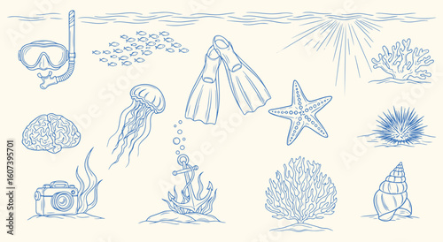 Underwater snorkeling vector illustration set. Hand drawn line art of a sea scene with marine life like coral, starfish, and jellyfish for travel, vacation, and adventure design.