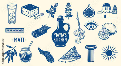 Yiayia's Kitchen vector illustration set. Hand drawn Greek food and cultural elements like feta, olive oil, and Santorini for menu, restaurant, and Mediterranean travel design.
