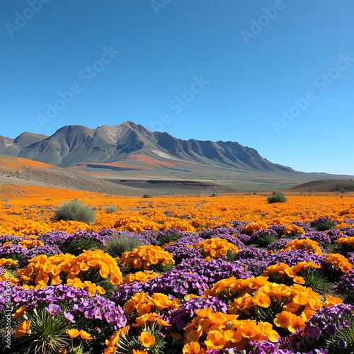 A photorealistic 8K wide-angle shot of Namaqualand in spring bloom: vibrant carpets of orange, purple and pink wildflowers cover the hills under clear, blue skies.