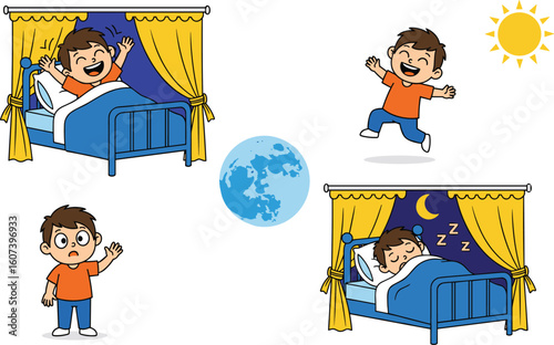 Cartoon boy’s daily routine vector—morning wake-up, daytime joy, evening surprise, nighttime sleep—with expressive poses and Earth day-night transition graphic for educational or lifestyle themes