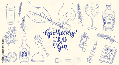 Apothecary Garden Gin vector illustration set. Hand drawn line art of cocktail making with gin, herbs, and bar tools for menu, beverage, and craft cocktail design projects.