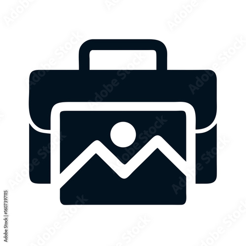 Minimalist portfolio case graphic with abstract landscape, dark blue