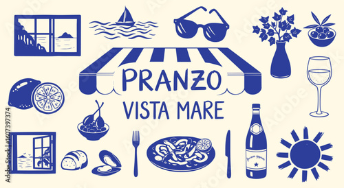 Pranzo Vista Mare (Lunch by the Sea) vector illustration set. Hand drawn blue Italian coastal dining elements like seafood, wine, and lemons for restaurant, menu, and travel design.