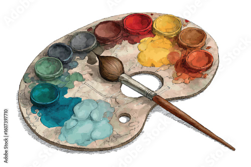 Antique wooden artist palette with vibrant watercolor paints and brush art supplies