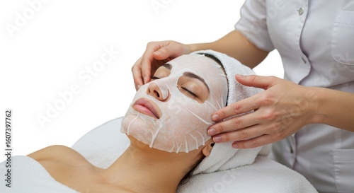 Woman receiving facial mask treatment isolated on white background