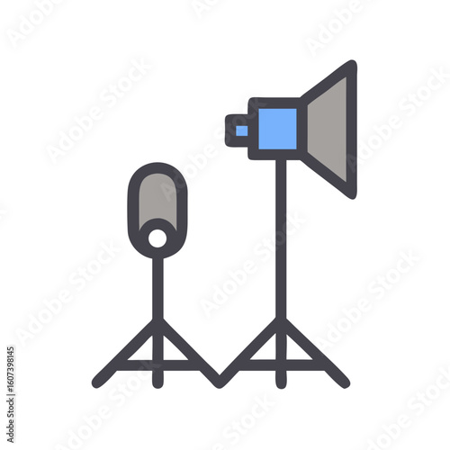 Studio equipment setup isolated over black background with microphone