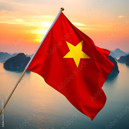 A digital illustration of the Vietnamese flag, “Cờ Việt Nam,” fluttering dramatically in the wind against a vibrant sunset over Halong Bay.