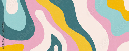 Groovy abstract background with colorful liquid waves and grain texture. Retro 70s style aesthetic backdrop for poster or social media, vector illustration.