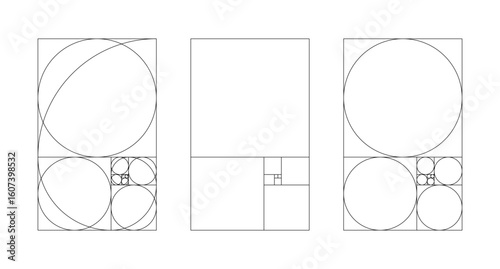 Set of golden ratio templates. Fibonacci array, numbers. Method golden section. Harmony proportions. Outline graphic vector illustration.