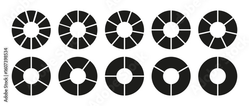 Wheel round divided diagrams with two, three, four, five, six, seven, eight, nine, ten, eleven segments. Circle division on 2, 3, 4, 5, 6, 7, 8, 9, 10, 11 equal parts. Coaching blank. Infographic set.