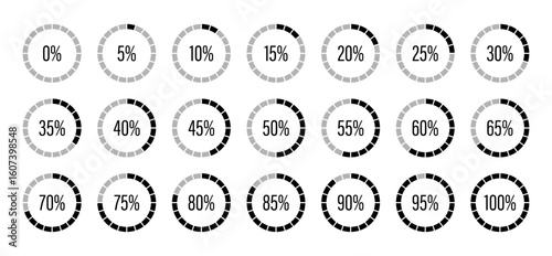 Round diagrams icons for infographics from 0 to 100 percent. Percentage infographics elements. Black, grey color fill divided pie charts indicator layout. Circle graph loading progress mockup.