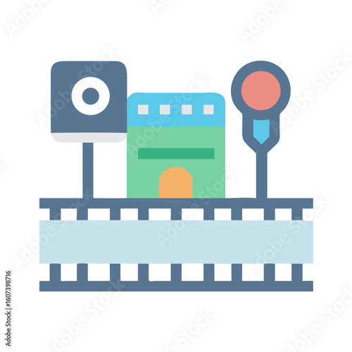Minimalistic train station illustration with track and signal lights
