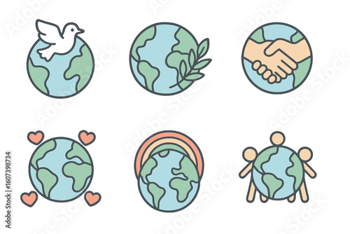 Set of 6 colorful globe icons about unity and love worldwide. Ideal for peace NGOs and social awareness campaigns.