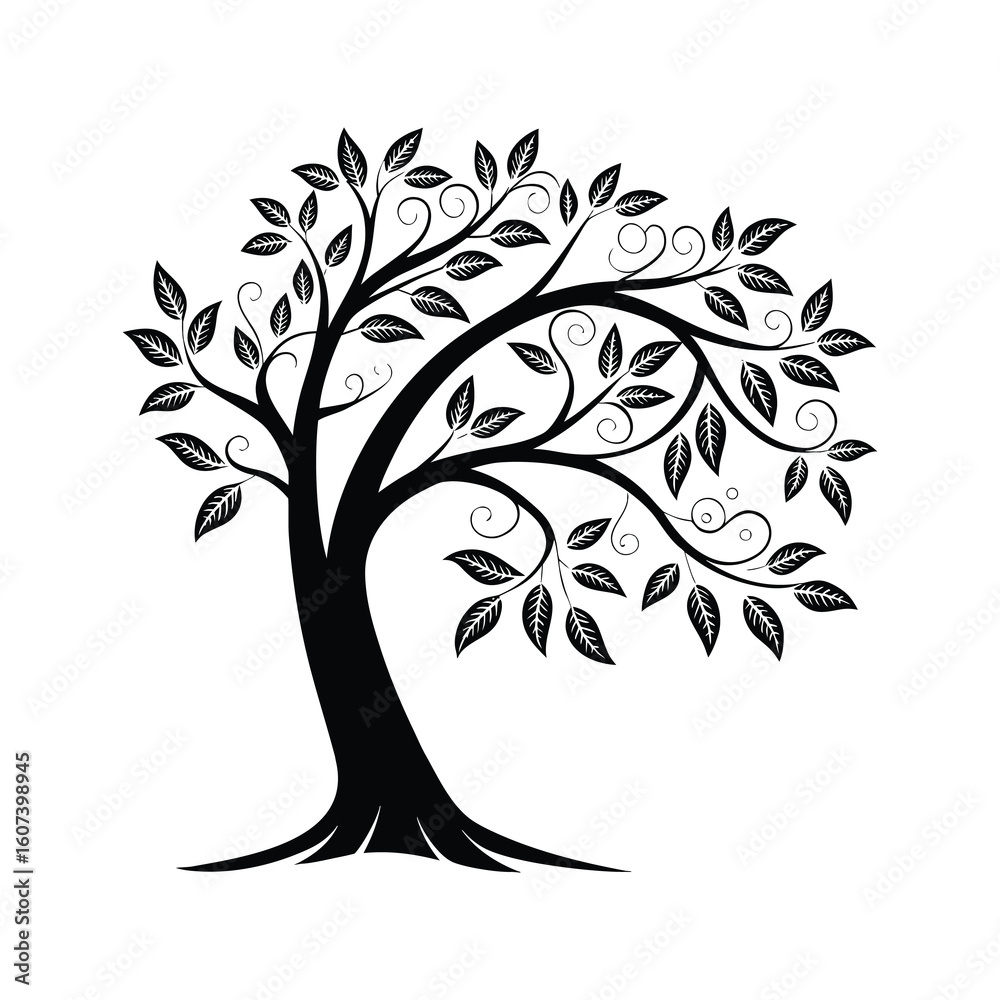 Obraz premium Stylized Tree Silhouette with Leaves – Black and White Vector Illustration