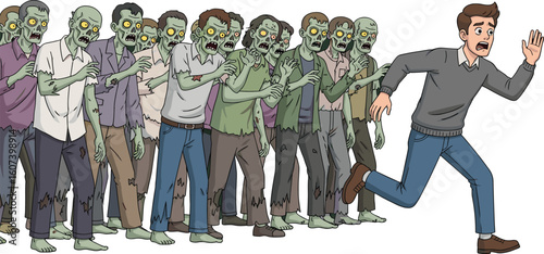 Cartoon zombie chase scene vector illustration with green-skinned zombies, yellow eyes, tattered clothes, and terrified human character fleeing—flat horror graphic for Halloween and monster themes