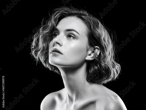 An elegant black and white studio portrait of a beautiful young woman with wavy short hair looking up.