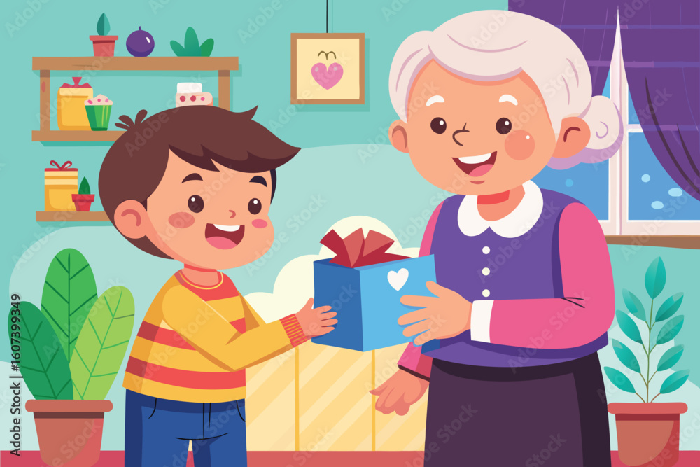 Little Boy Giving Flowers to His Grandmother in a Heartwarming Scene Little Boy Giving Flowers to His Grandmother in a Heartwarming Scene