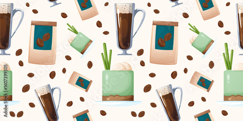 Cute Pattern with Tall Glass Coffee Cups. Seamless Coffee-Themed Background with Drinking and Storage Containers.