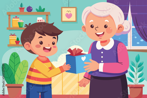 Little Boy Giving Flowers to His Grandmother in a Heartwarming Scene