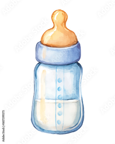 Watercolor baby bottle with milk and blue cap on transparent background illustration