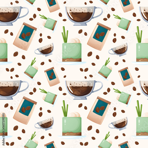Seamless Pattern with Glass Coffee Cups. Coffee and Dessert Themed Background Design on Light Surface.