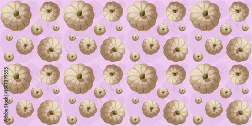 Beautiful Pumpkin Pattern of Various Sizes on a Dark Background. Seamless Top-View Illustration with Autumn and Halloween Atmosphere.