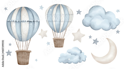 Watercolor hot air balloons clouds stars and moon for baby shower invitation illustration