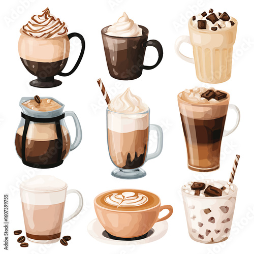 Assorted coffee beverages with whipped cream and chocolate toppings illustration drink