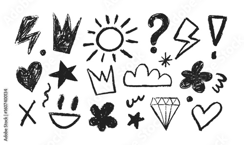 Set of trendy hand-drawn doodles in a rough chalk style. Collection of graffiti and sketch symbols like hearts, stars, and crowns for sticker packs, isolated on white background, vector illustration.