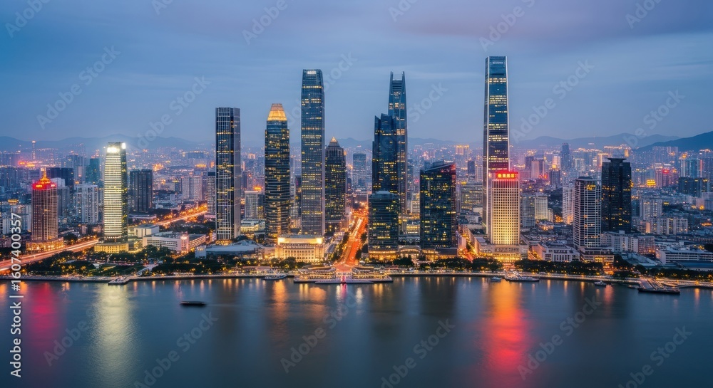 Naklejka premium Guangzhou Skyline at Dusk: Skyscrapers Reflecting in the Pearl River