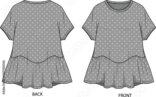 Technical fashion sketch of polka dot short sleeve top showing front and back views with gathered waist, flared hem and round neckline—flat vector for apparel design