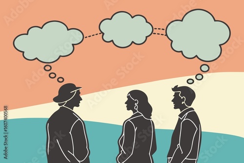 Three people sharing thoughts and ideas through connected thought bubbles