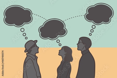 Three people sharing thoughts and ideas through speech bubbles