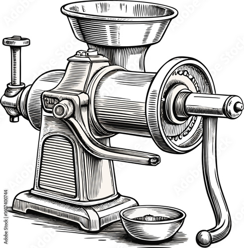 vector illustration of a vintage manual mechanical meat grinder retro.