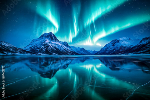 Aurora Borealis Reflecting Over Frozen Mountain Lake