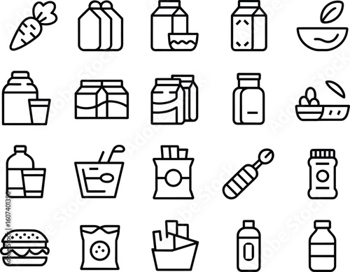 Minimalist food and drink icon set vector illustration with carrot, milk carton, jars, hamburger, juice, chips, fries, beverage containers—modern symbols for culinary applications